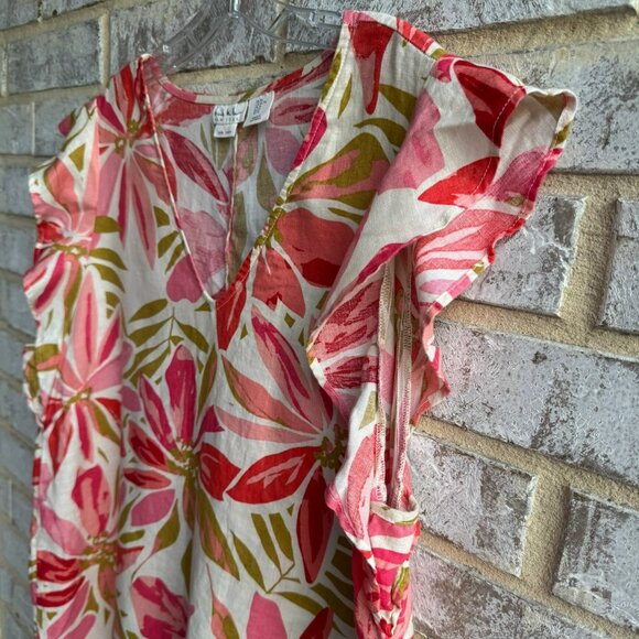 Nicole Miller 100% Linen Short Ruffle Sleeve V-Neck Floral Dress Women's Size XL - Picture 5 of 7